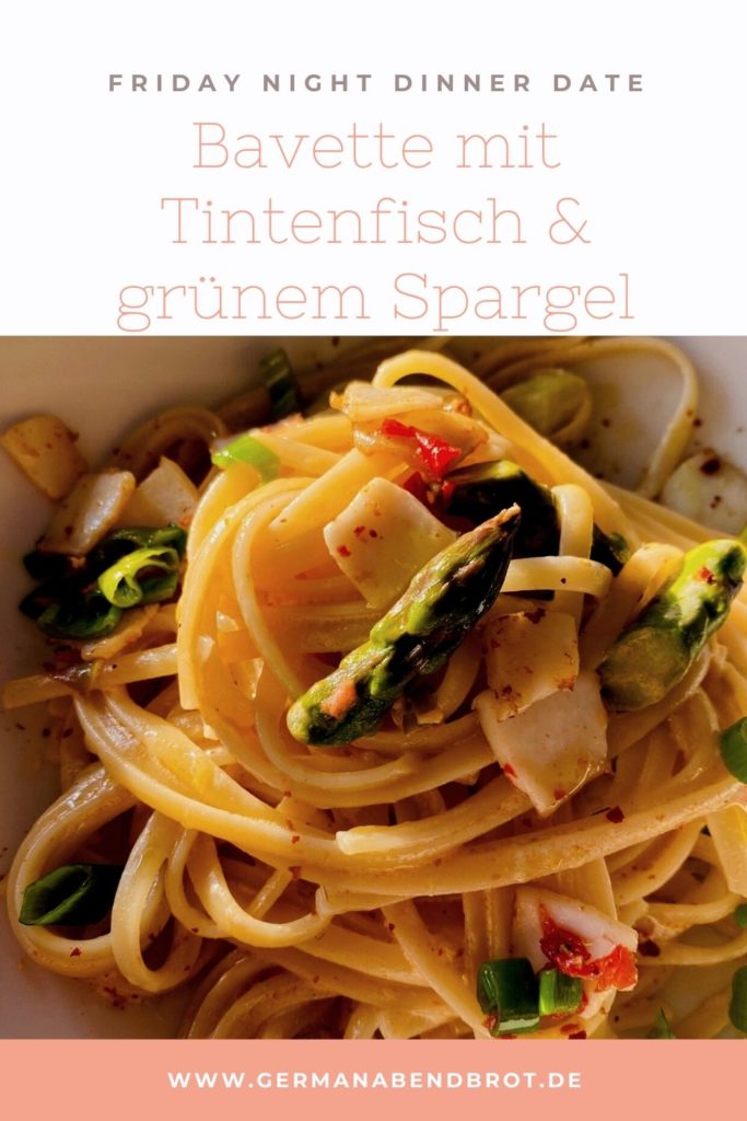 Pinterest Bild zum Rezept Bavette, Tintenfisch, gruener Spargel.