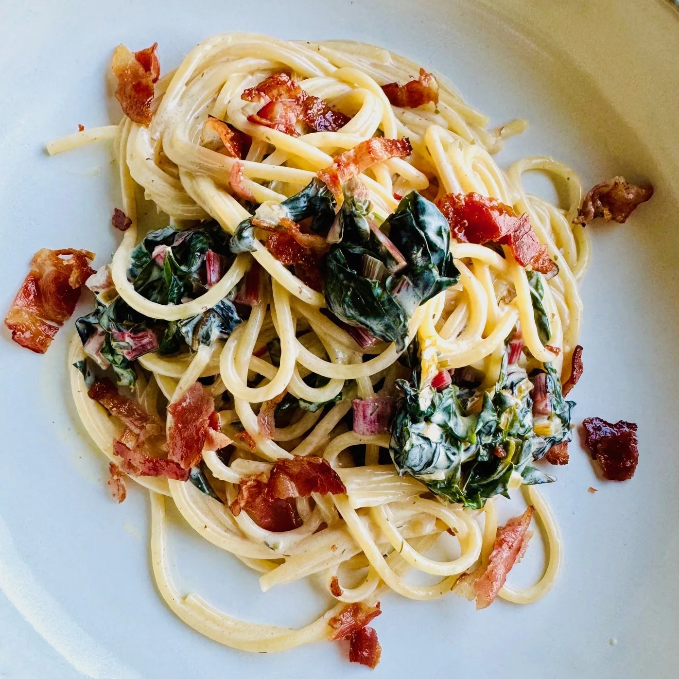 Spaghetti mit Mangold und knusprigem Bacon Rezept German Abendbrot.